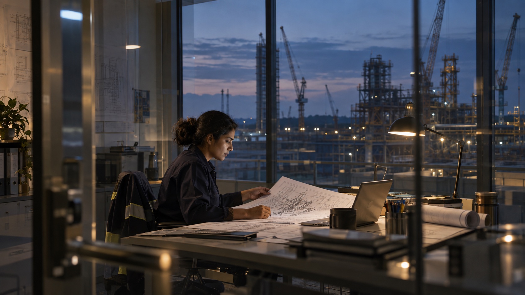 Editorial image of an engineer reviewing drawings beside a plant under construction